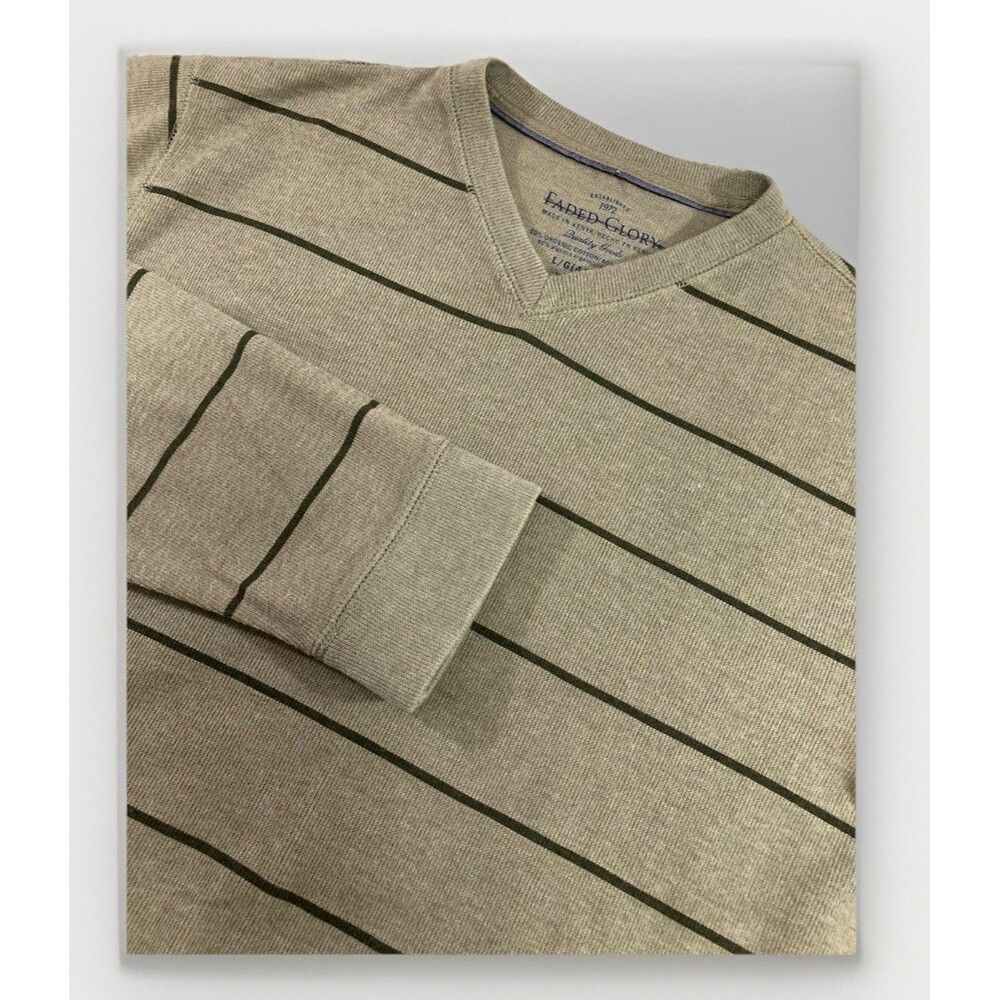 Faded Glory Mens L Green Stripe V Neck Long Sleeve Shirt Y2K Retro Vintage
